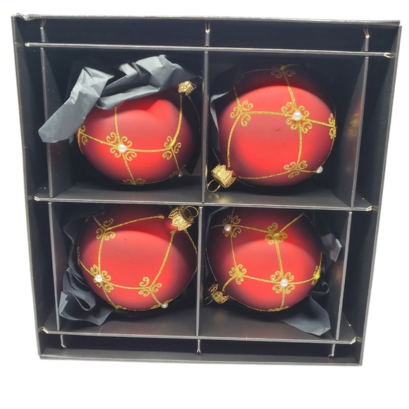 Vitbis Red With Gold Glittery Lattice Pearl Glass Christmas Ornaments 3” Set 4 - Picture 2 of 9